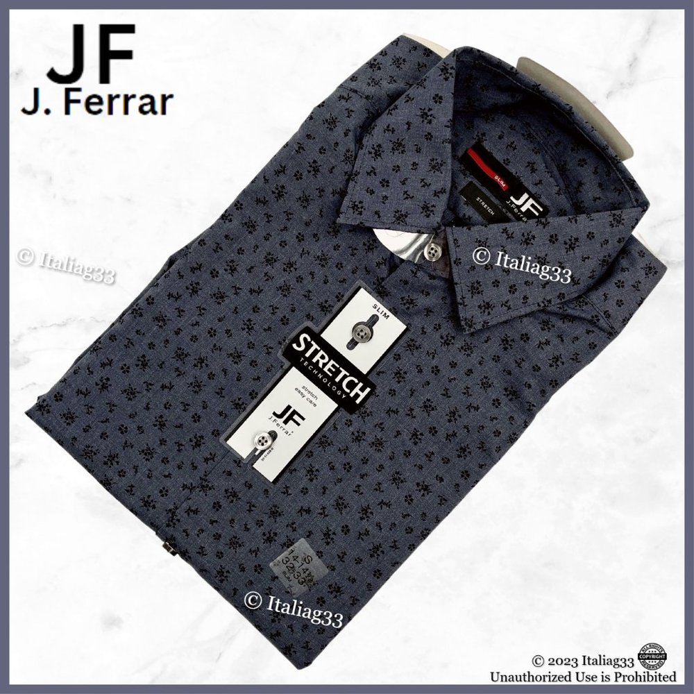 J FERRAR Stretch Slim Men’s Dress Shirt Top Long Sleeve Easy Care Navy Floral S